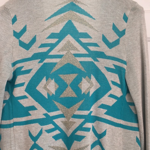 INC Women’s Cardigan Petite S Blue Geometric Aztec Fringe Tassels Long Sleeves - Picture 7 of 8